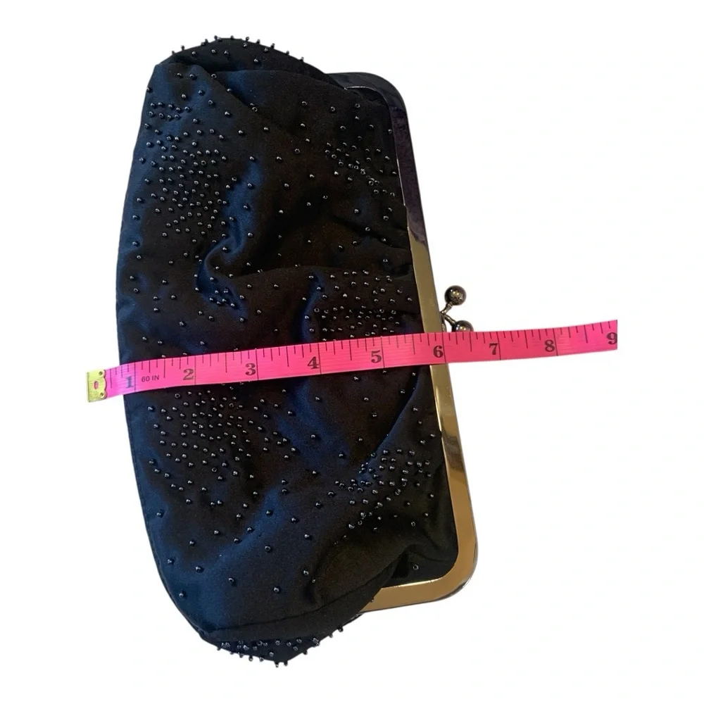 Vintage Express Black‎ Satin Beaded Snap Ball Closure Clutch Purse